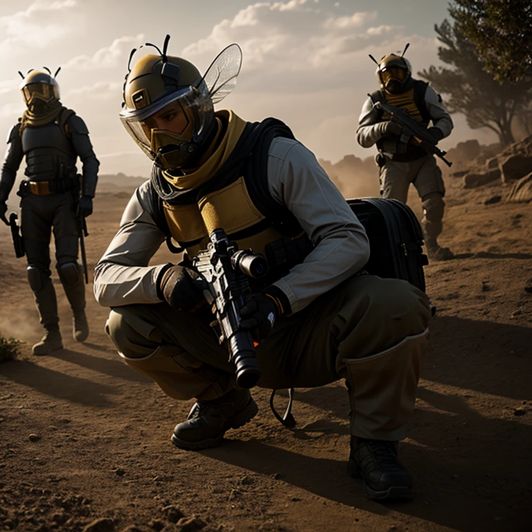 Multiple bees with guns, bee war, bee humanization, correct anatomy, detailed drawn, military style, A dynamic shot from a blockbuster movie, high detail, masterpiece, dramatic photo, frame from a movie, vignette, dark contrast, shot in dynamic action, realistic, UHD, wide-screen, far shot,