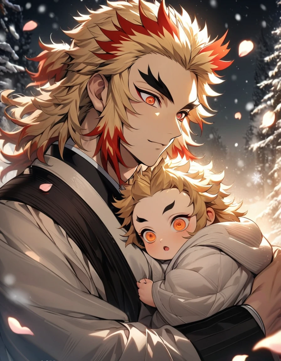 absurdres, highres, ultra detailed, HDR, master piece, best quality, Rengoku Kyojuro, blond medium hair with red streaks, expressive orange eyes, Kimetsu no yaiba, 1man, holding a baby, handsome, winter, flowers, petals, snowflakes