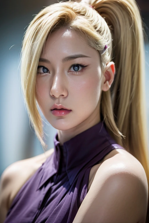 Real life adaption of this character,Asian teen beauty , realistic same hair, realistic outfit, realistic light, realistic shadow, hyper realistic, realism, realistic background,(photorealistic:1.2). Ino / Ino Yamanaka (Ino Yamanaka) / [Boruto: Naruto Next Generation, 1girl, blonde hair, hair ornament, bare shoulders, closed mouth, green eyes, ponytail, hairclip, hair over one eye, best quality ,ultra Higd ,detail realistic ,sceneHDR pro