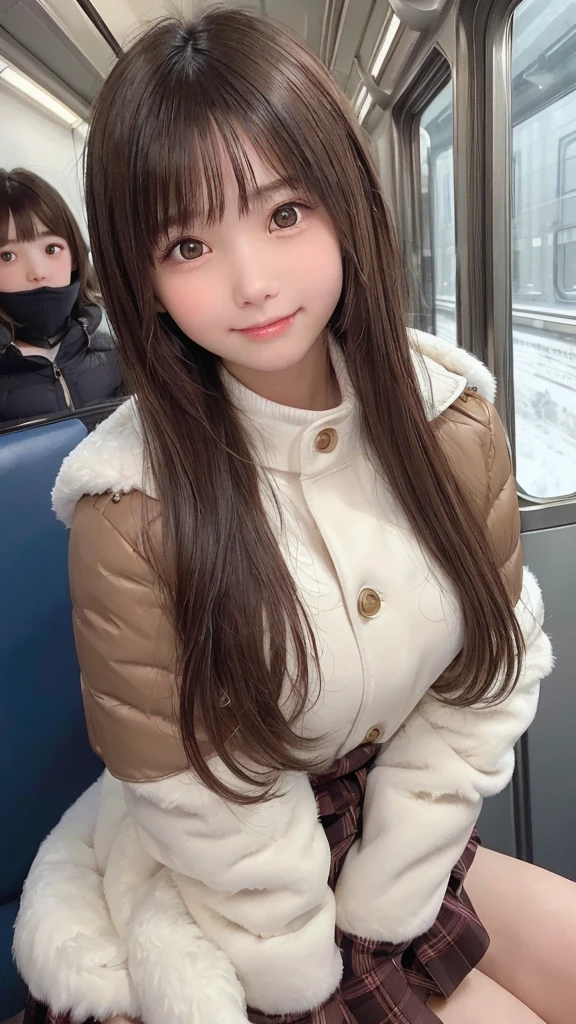 masterpiece, highest quality, one girl, (beautiful girl, delicate girl:1.3), (:1.3), very fine resolution, (symmetrical eyes:1.3), (Inside the train:1.2), (Winter Uniform:1.3), small breasts, brown eyes, parted bangs, brown hair, , (Eye and face details:1.0), (upper teeth, best smile:1.2)