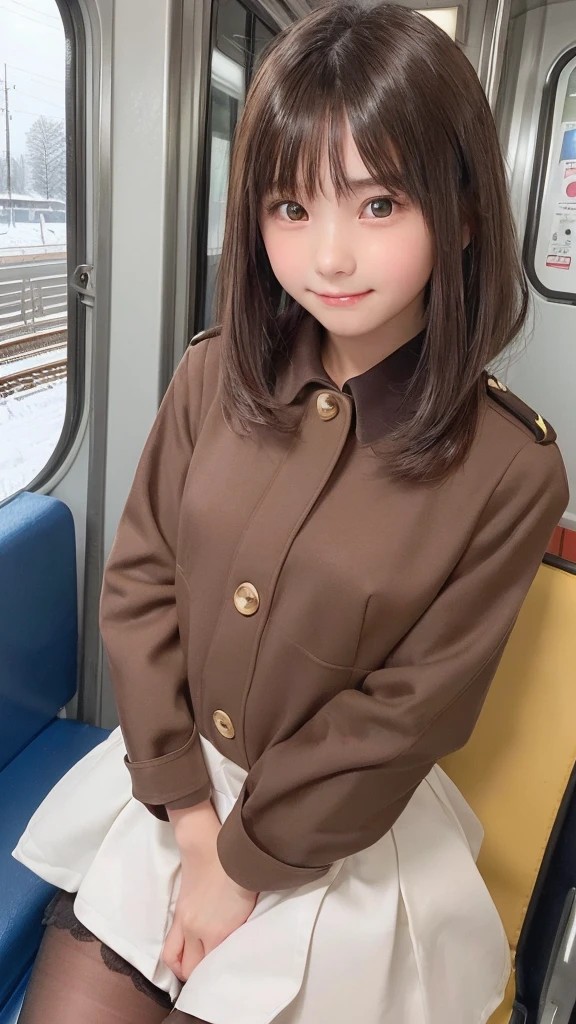 masterpiece, highest quality, one girl, (beautiful girl, delicate girl:1.3), (13 years old:1.3), very fine resolution, (symmetrical eyes:1.3), (Inside the train:1.2), (Winter Uniform:1.3), small breasts, brown eyes, parted bangs, brown hair, , (Eye and face details:1.0), (upper teeth, best smile:1.2)