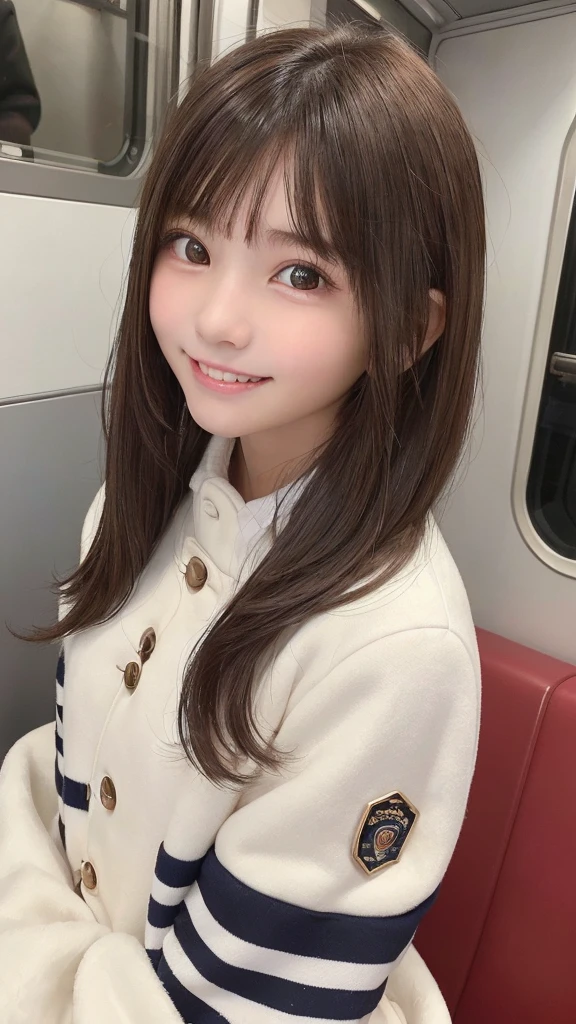 masterpiece, highest quality, one girl, (beautiful girl, delicate girl:1.3), (13 years old:1.3), very fine resolution, (symmetrical eyes:1.3), (Inside the train:1.2), (Winter Uniform:1.3), small breasts, brown eyes, parted bangs, brown hair, , (Eye and face details:1.0), (upper teeth, best smile:1.2)