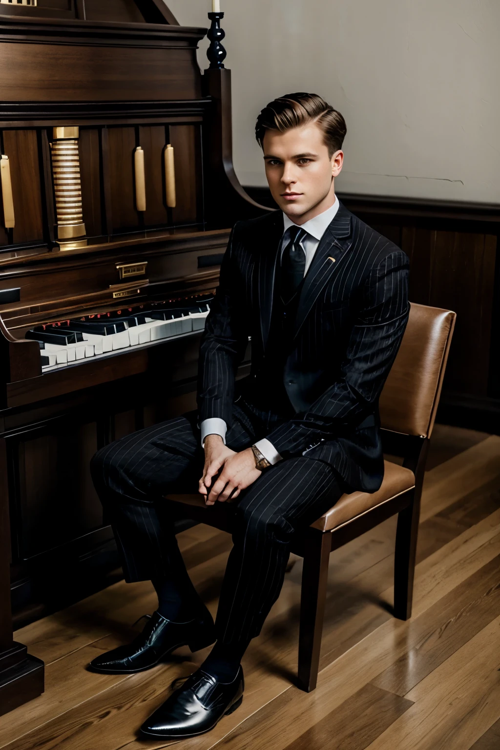 Dapper young white man with brown preppy haircut, seated playing church organ . Wearing black woollen pinstripe suit and black silk tie, elegant black shoes and black dapper socks, full view