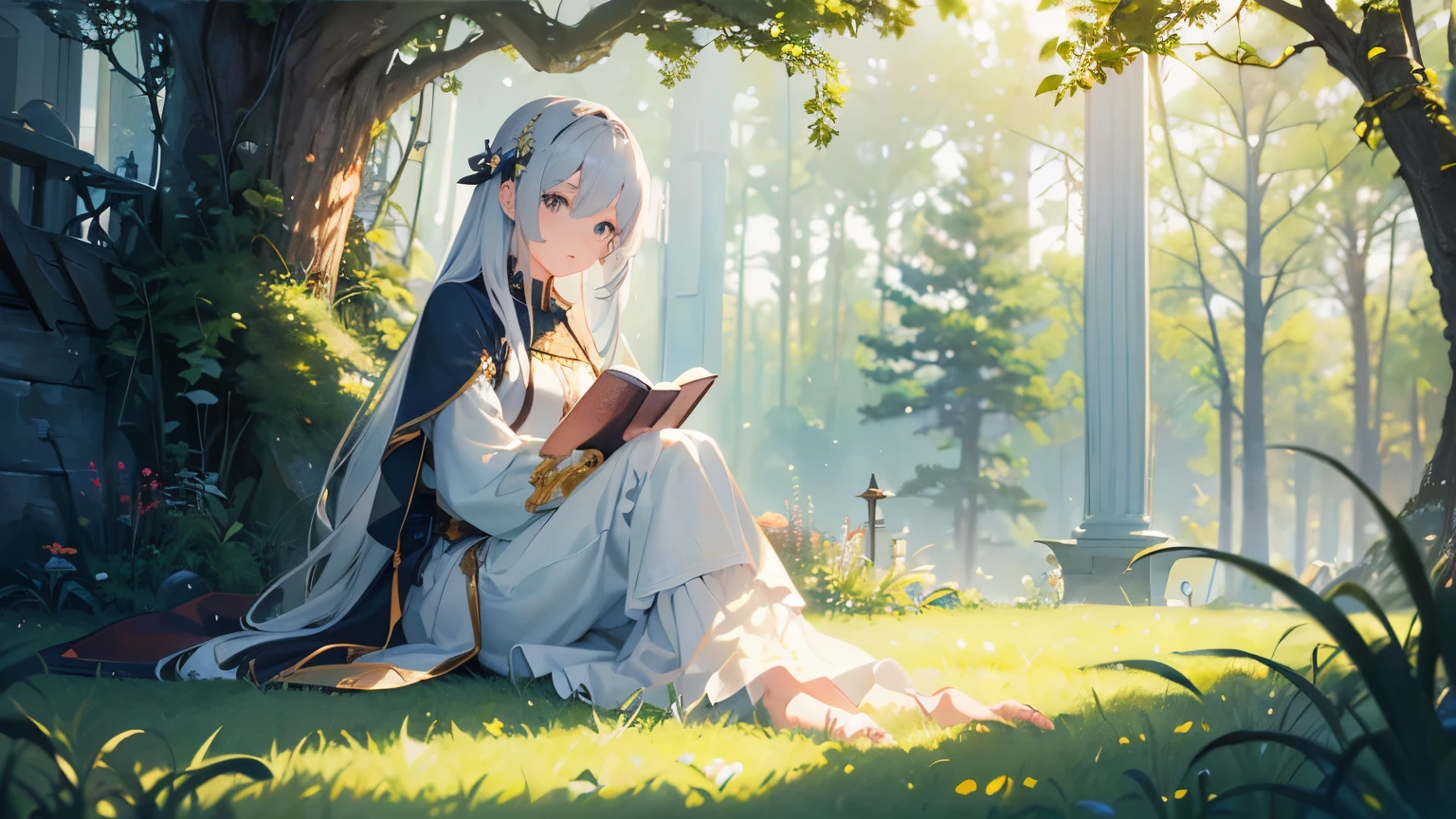 (official art、highest quality、Unity 8k wallpaper、32k、masterpiece、super detailed、A high resolution、realistic、Photoreal:1.2)、((one girl))、((Close ~ eyes))、fantasy、middle ages、Nordic、(detailed beautiful face:1.4)、relax、(full body:1.2)、((outdoor))、grassland、shade of a tree、sitting、Resting、Book