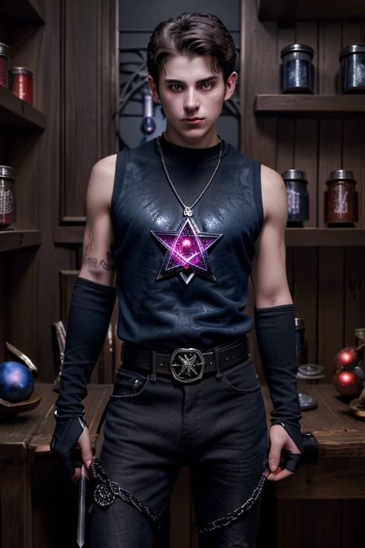 20 year old boy open dark blue sweatshirt black shirt with sword print pentagram medallion black jeans runic belt sleeveless gloves holding a shiny reddish gem background of a potion shop