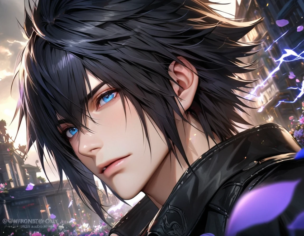 Ultra detailed, Highres, absurdres, HDR, Noctis Lucis Caelum, blue eyes, black hair, Final Fantasy XV, purple lightning, handsome, 1 man only, very detailed face and eyes, flowers and petals