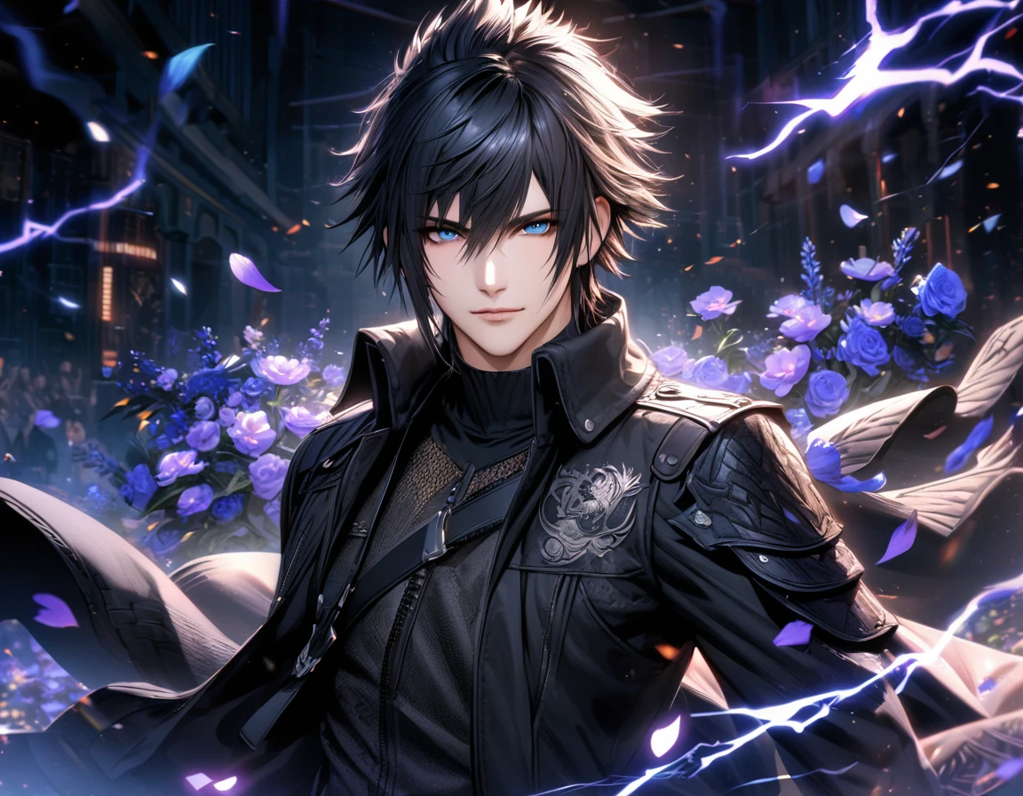 Ultra detailed, Highres, absurdres, HDR, Noctis Lucis Caelum, blue eyes, black hair, Final Fantasy XV, purple lightning, handsome, 1 man only, very detailed face and eyes, flowers and petals