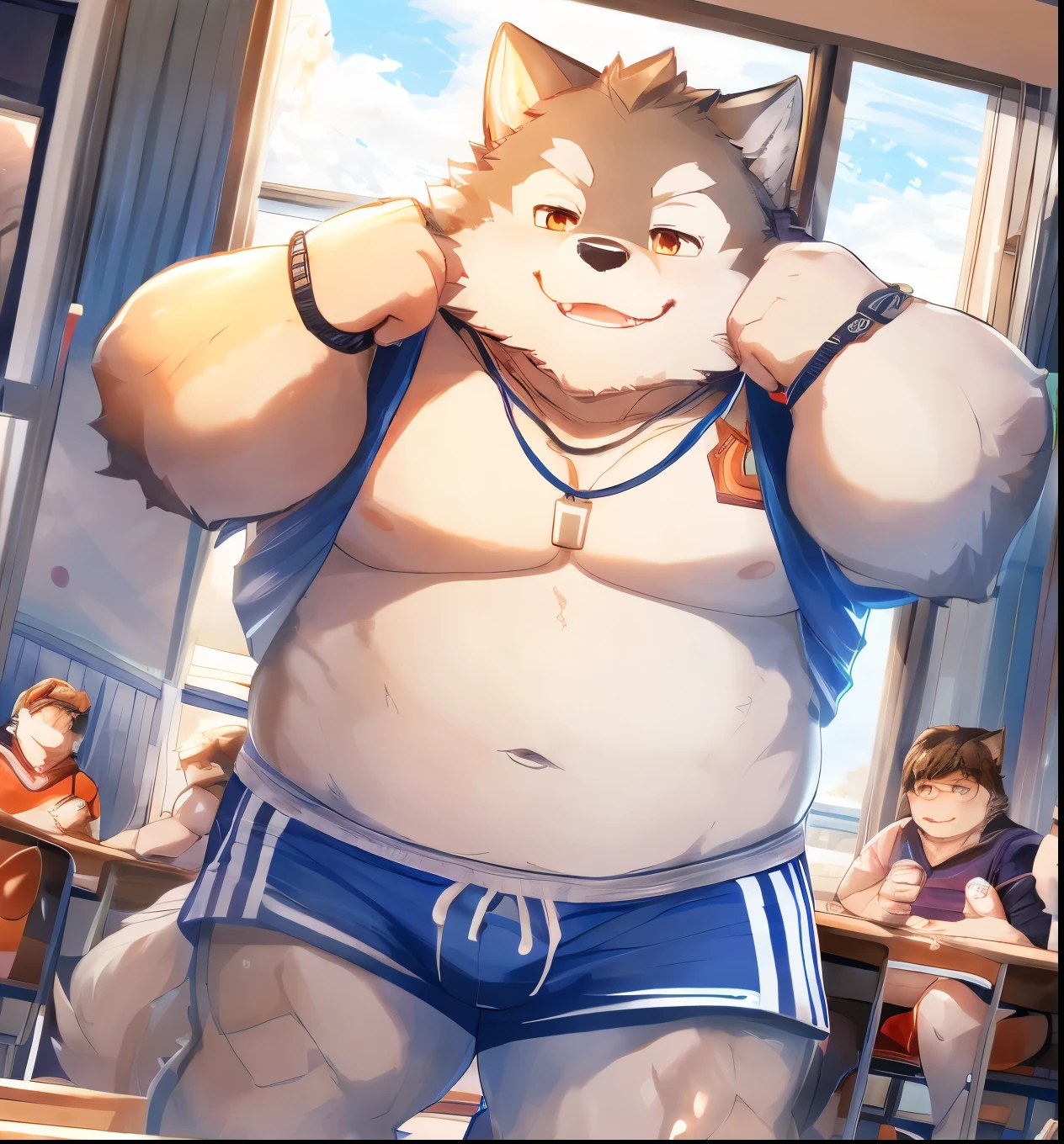 furry，Ultra-clear，16k，full body portrait，Full body close-up，Facial clarity，Bright Eyes，delicate eyes，Worm's eye view，solo focus，Main body gray，Canidae，Big dog，Wolf，male，juvenile，student，high school student，sports student，young，Tough Guy，Silver-gray hair，golden eyes，Eyes as bright as the sun，tall and strong，Muscles all over the body，Large pectoral muscles，8 pack abs，Powerful biceps，thick tail，thick arms，generous palm，Wide and thick wolf claws, wide and thick animal feet, wide and thick wolf feet, sharp animal claws, sharp wolf claws，Perfect body proportions，Handsome，cute，Cool，youth，Aloof，Looks sunny，Strong build，Young face，Powerful and domineering，Be honest and honest，Humble，sexy，Aggression，hormones，Middle two diseases，Eighth-grader syndrome，half naked，no clothes，No shirt，shirtless，briefs，barefoot，no shoes，cold，indifferent，Poker face，stand，upright，hands in pockets，looking at the audience，erectile，tempting