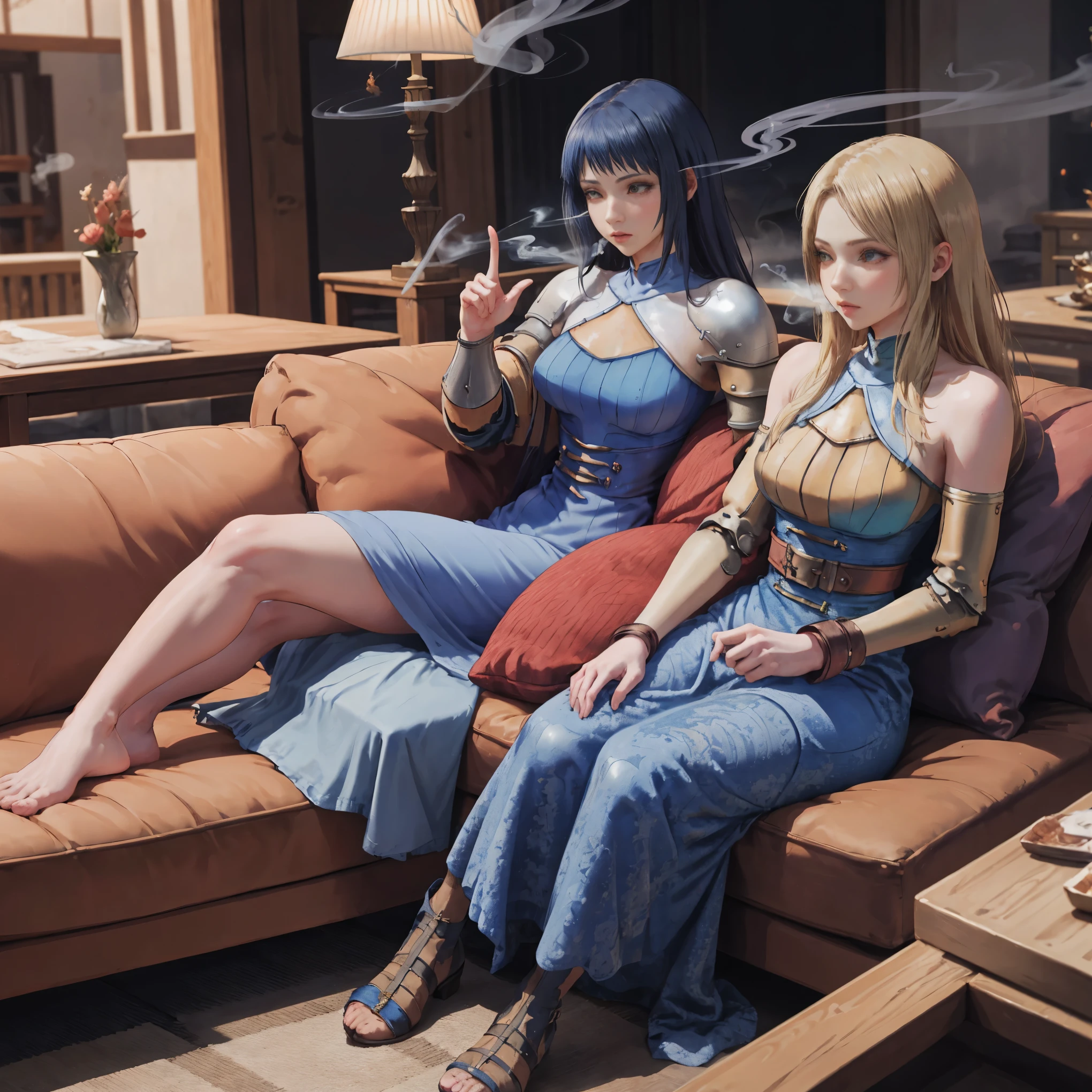 shadow clone, clone, ((smoke)), hand gesture, 5girls (Female Knight (Final Fantasy Tactics)), 1girl , indoor, sofa, pillows, buildings full body, long blonde hair, blue dress big belt knight outfit clothes Female Knight (Final Fantasy Tactics), hyuuga hinata sits on sofa, dark blue hair