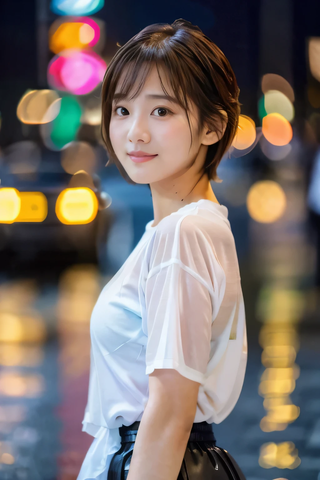 highest quality, masterpiece, high detail, 16K quality, beautiful , light brown short cut hair, Light brown beautiful eyes, (18 year old girl:1.5), Voluptuous big breasts, She is looking at the front, A dreamy look,shy smile、Outstanding style like a model、(Rainy night:1.2), walk, city lights, delicate face, Wet Organza Shirt, Wet Organza Skirt