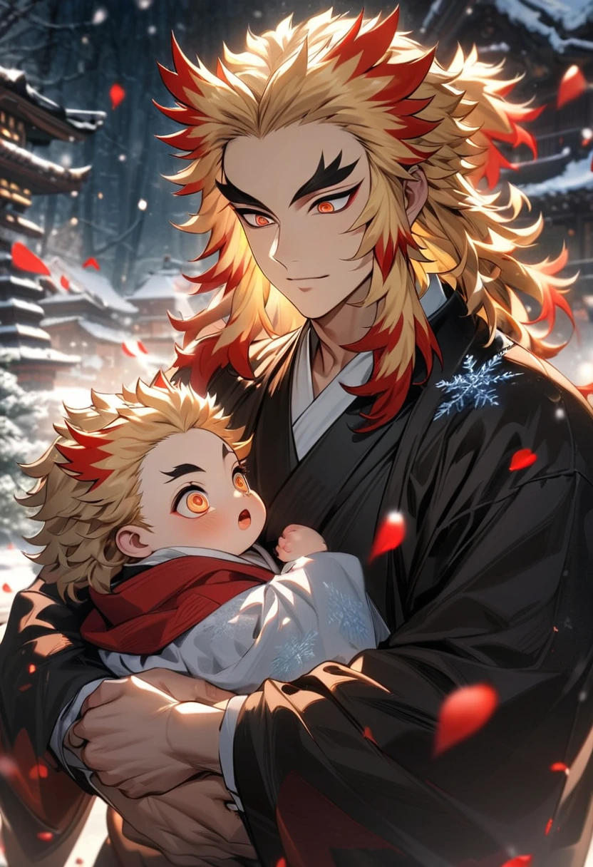 absurdres, highres, ultra detailed, HDR, master piece, best quality, Rengoku Kyojuro, blond medium hair with red streaks, expressive orange eyes, Kimetsu no yaiba, 1man, holding a baby, handsome, winter, red flowers, petals, snowflakes