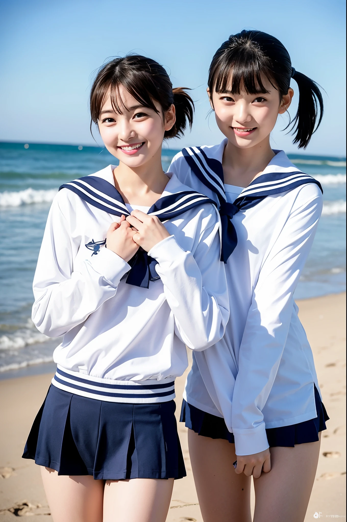 2 girls skipping on beach,long-sleeved white sailor shirt over navy blue school swimsuit,18-year-old,bangs,a little smile,thighs,knees,short hair and low ponytails with barrette,from below,front light