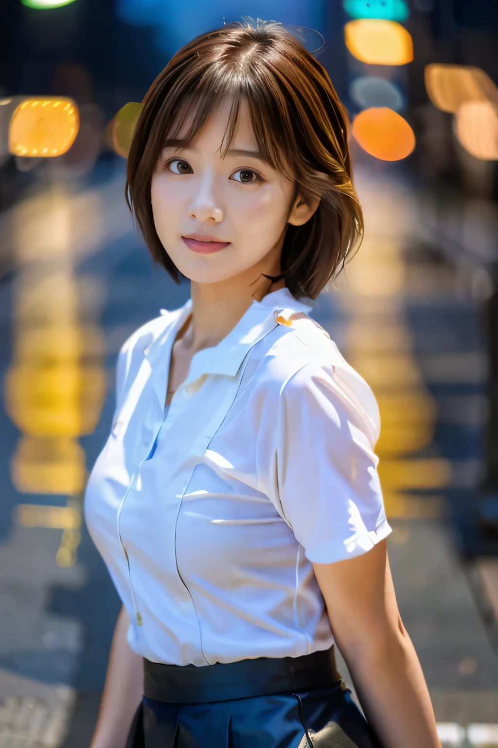 highest quality, masterpiece, high detail, 16K quality, beautiful , light brown short cut hair, Light brown beautiful eyes, (18 year old girl:1.5), Voluptuous big breasts, She is looking at the front, A dreamy look,shy smile、Outstanding style like a model、(Rainy night:1.2), walk, city lights, delicate face, Wet Organza Shirt, Wet Organza Skirt