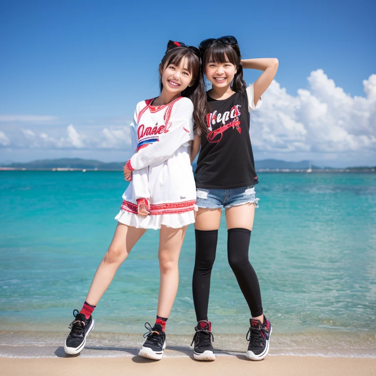 UHigh resolution, retina, masterpiece, Accurate, Anatomically correct, Textured skin, Super Detail, Attention to detail, high quality, Awards, 最high quality, High resolution, 1080P, High resolution, 4K, 8k, 16K、blue sea、Wide sky、deep sandy beach、girl、1people、cute、8k,masterpiece,Japanese,,from the front,とてもcute:1.3,smile,Innocent face,Calm Eyes,Childish,Small breasts,T-Shirts,Short sleeve,Short skirt,semi-long,noon,bright,One cherry blossom,Beautiful shaved pan:1.2,Nipples pumping:1.1,beautiful pussy line,
