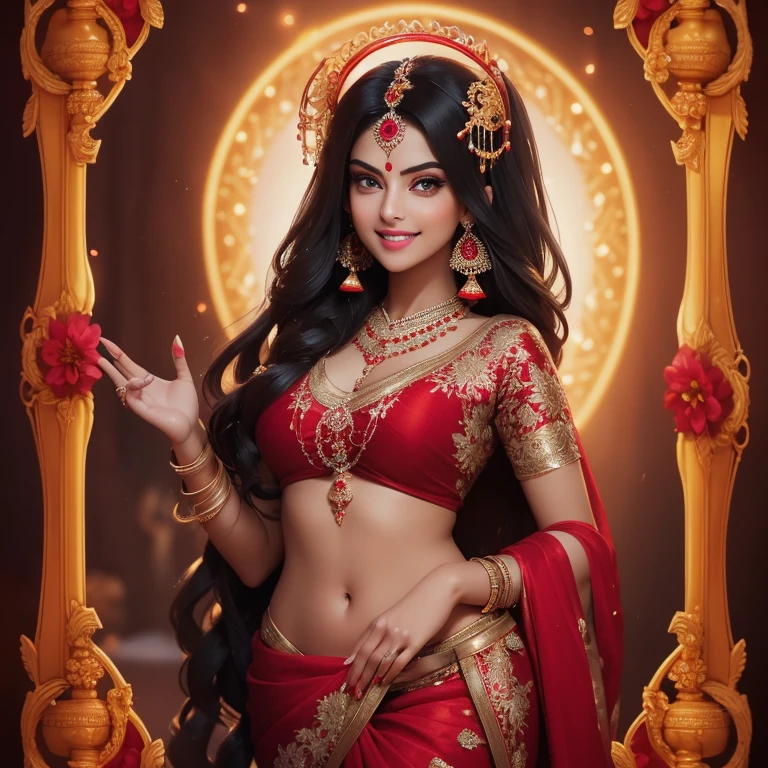 Create a breathtakingly beautiful depiction of Goddess Laxmi, the Hindu goddess of wealth and prosperity, draped in a vivid red saree. Her saree cascades down her figure, adorned with intricate golden borders and delicate embroidery. Laxmi's beautiful, almond-shaped eyes glow with radiant happiness, framed by thick, dark eyelashes. Her full lips curve into a gentle smile, revealing her pearly white teeth. Her complexion is fair and luminous, her skin smooth and unblemished. Her long, dark tresses are worn loose, waving around her graceful face. She is adorned with a