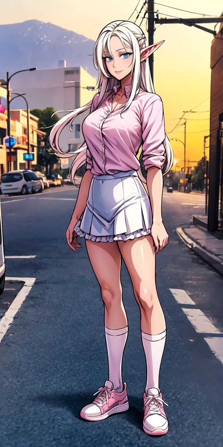 dark elf female, pirotess, full body, beautiful, (masterpiece:1.2), (best quality:1.2), Beautiful -yeld wh girl with blue eyes, long swept-back straight blond hair, Happy), Pink and white frilly miniskirt, pink shirt, pink socks, white sneakers, California City background, daylight.