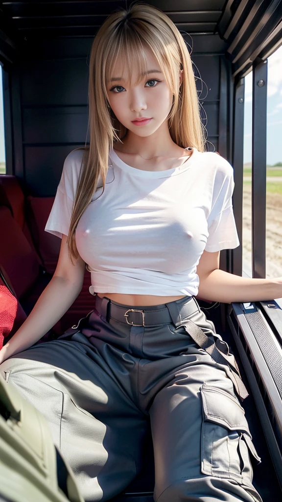 D cup bust、Sexy cute looks and cute beautiful girl, Beautiful and sexy face、A strong wind blows my hair in front of my face、Beautiful blonde with cute long straight hair, Sexy eyes hidden behind long bangs,black skin,Slightly droopy eyes, (Tight white T-shirt gets ripped:1.4), (Oversized cargo pants are removed:1.4)Dimly lit truck bed,sexy face,(In the loading compartment:1.6),(open both legs:1.6),(Red panties are visible:1.4),Exposed nipples,pink nipples,Slightly oily, wet skin