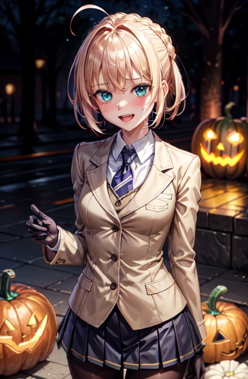 woman,,,city,night,(((Beige blazer school uniform))),open mouth smile,((baby girl bohape)), 1 girl, Artoria Pendragon,destiny,aphrodisiac,Lie,Things to know,full of sweat,Wet Area, Areol, defenseless,embarrassing,please be shy,Knead the milk,Emphasis on milk,Len,breast milk, Knight King,Noble,ring,既婚woman, Pointing straight up, (highest quality:1.1), (masterpiece:1.4), (absurd:1.0), Portrait, Close-up, 1 girl、Momoberia Deviluke、hair ornaments、Beautiful bob cut、beautiful short hair、emerald blue eyeedium chest、looking at the viewer、(blush:1.2)、embarrassed look、Mesh pantyhose、black background、long gloves、((Pumpkin lantern)), Striped pattern,