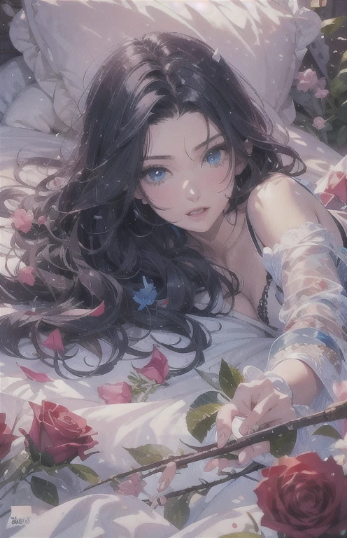 ((highest quality)), ((masterpiece)), (get used to it), perfect face , beautiful girl , beautiful long black hair , beautiful blue eyes , In underwear , Blue roses scattered , lying on the bed , Holding a rose ,