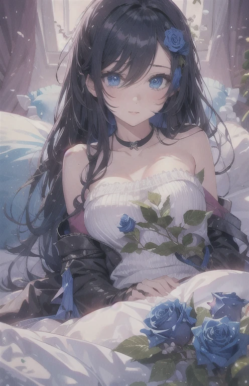 ((highest quality)), ((masterpiece)), (get used to it), perfect face , beautiful girl , beautiful long black hair , beautiful blue eyes , In underwear ,  Blue roses scattered , lying on the bed , Holding a rose ,