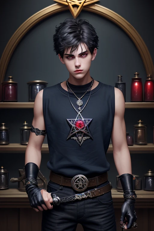 20 year old boy open dark blue sweatshirt black shirt with sword print pentagram medallion black jeans runic belt sleeveless gloves holding a shiny reddish gem background of a potion shop