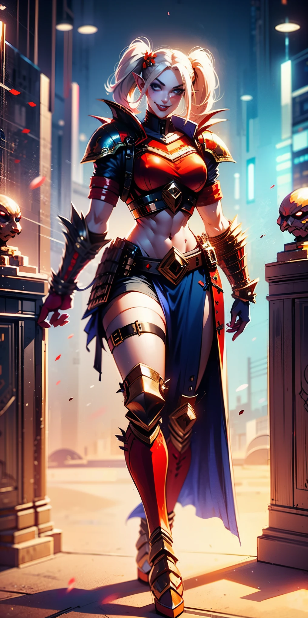 full body, def_effie, RED breastplate, RED skin, looking at viewer, shiny,armor, thighhighs, high boots,shoulder armor, faulds, poleyn, gloves, gauntlets, Rerebrace armored boots, pauldrons,(masterpiece, best quality, ultra-detailed, best shadow) yordle (1girl)( RED skin:1.2) pointy ears muscular lean platinum blonde long twin-tails hairstyle at the office lustful smirking smile face red blushed, blush, strong abs, female body builder, tiara, twin drills hair