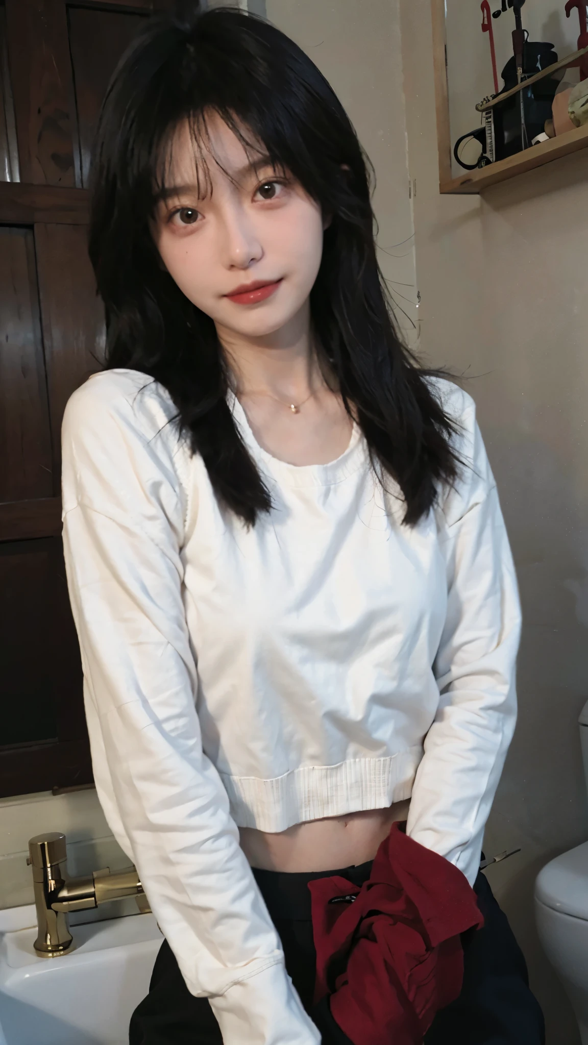 best qualtiy, ultra high resolution, (realisticlying:1.4),cute hairpin,Baoyu Girl,lipsticks,1girll, ,Cropped red sweater,,Beautiful woman with a slim figure:1.4, Abs:1.1, bathroom,Ultra-fine face,Elaborate Eyes,double eyelid,ssmile,choker necklace
