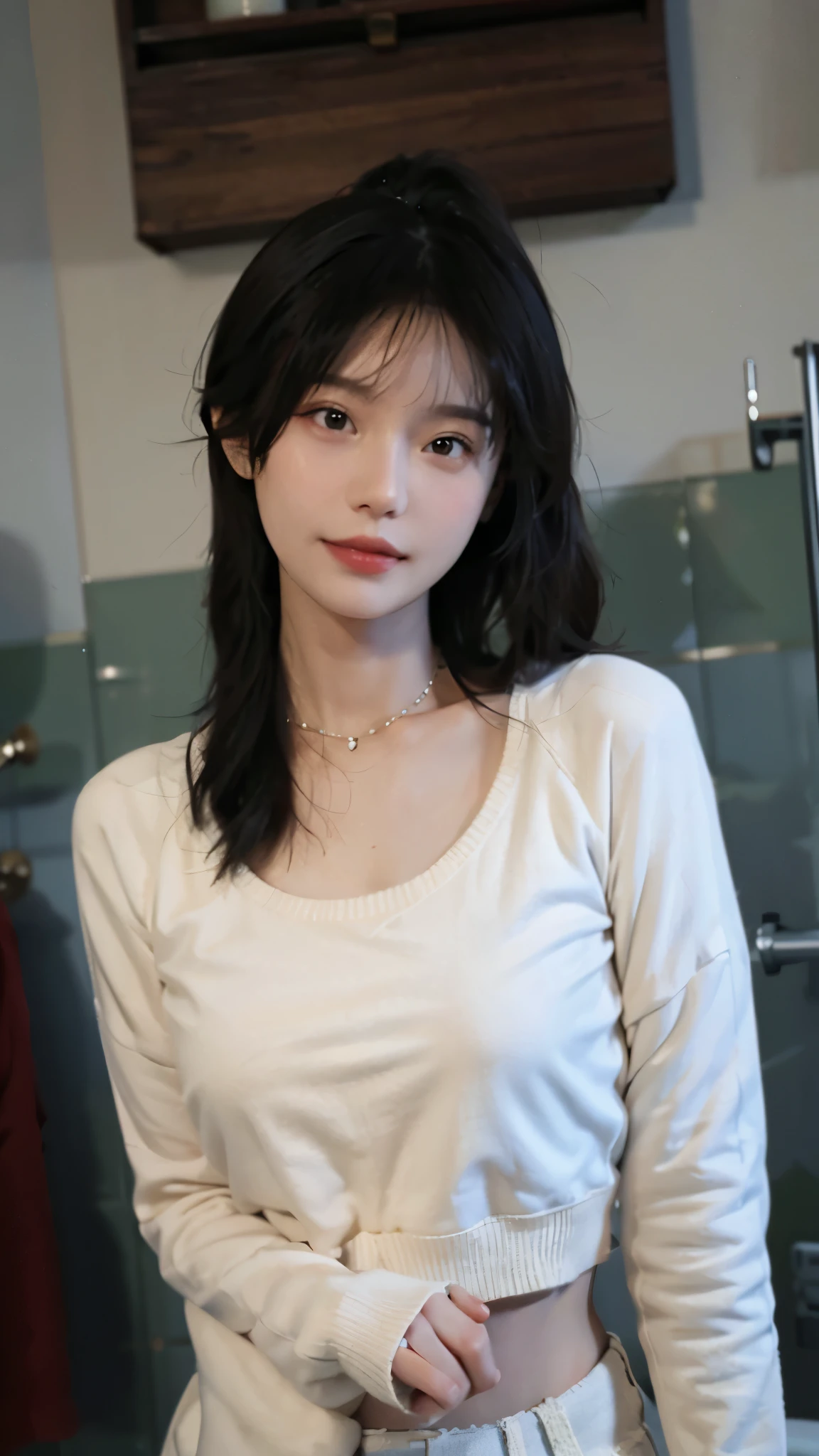 best qualtiy, ultra high resolution, (realisticlying:1.4),cute hairpin,Baoyu Girl,lipsticks,1girll, ,Cropped red sweater,,Beautiful woman with a slim figure:1.4, Abs:1.1, bathroom,Ultra-fine face,Elaborate Eyes,double eyelid,ssmile,choker necklace