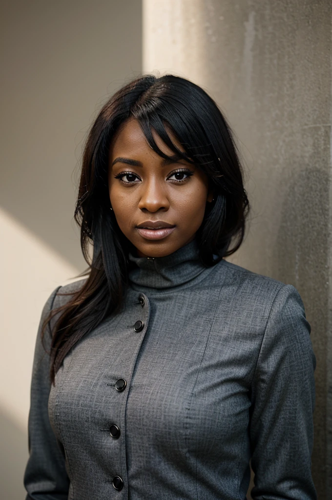 gorgeous ebony woman, aged 26, LinkedIn business photo headshot, professional headshot, job recruiter, lacey london, blazer, and turtleneck, business professional dress
