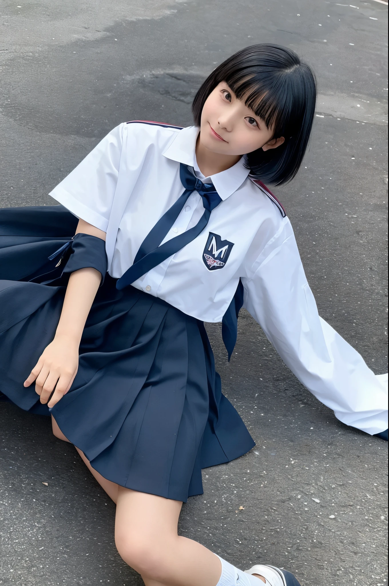 A high school girl with short black hair is doing an M-shaped split