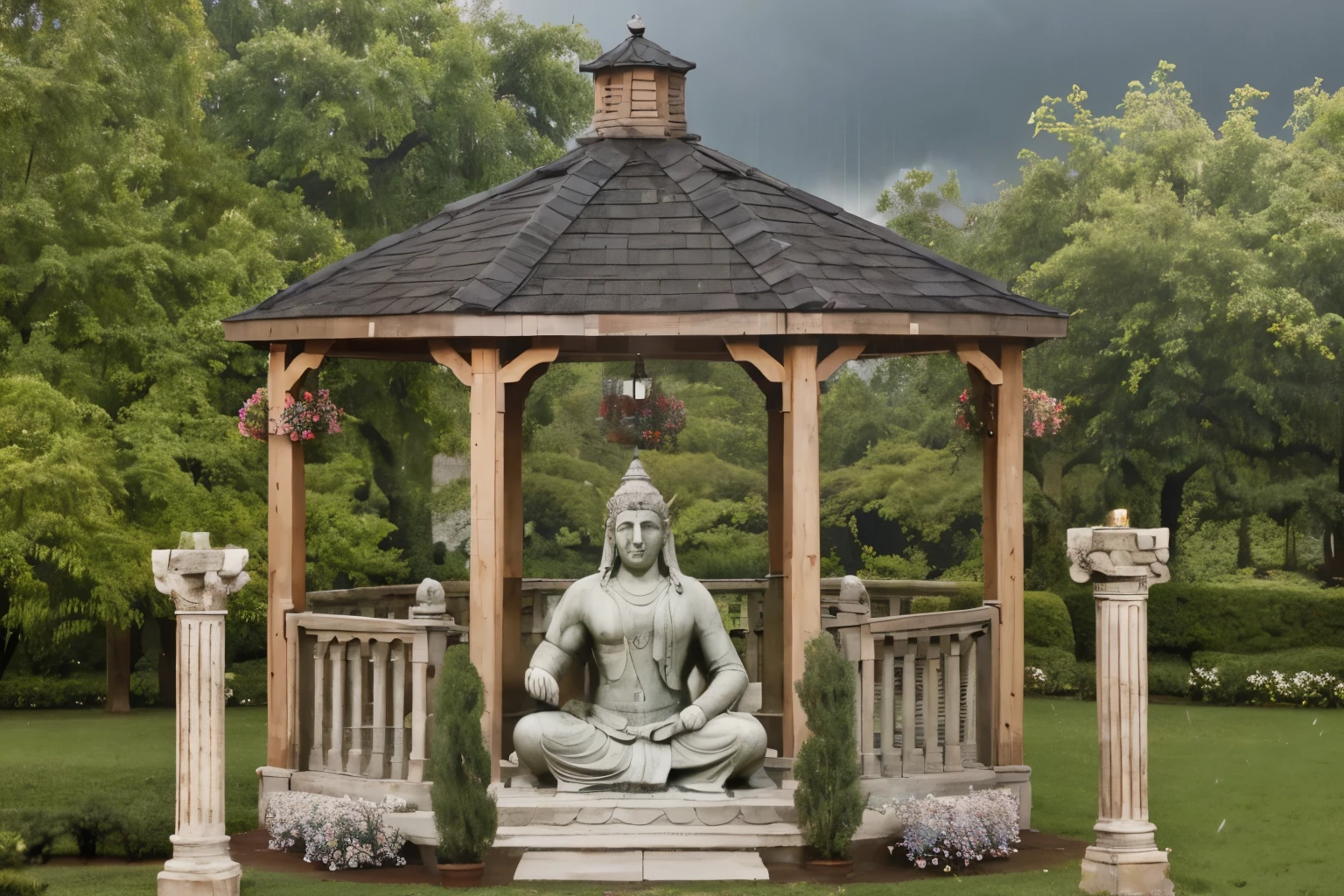 an outdoor cozy gazebo at a rainy cloudy day, two roman pillars with candle, a shiva statue in the center (do it detailed) in a cozy rainy day ( do it better, more detailed objects)