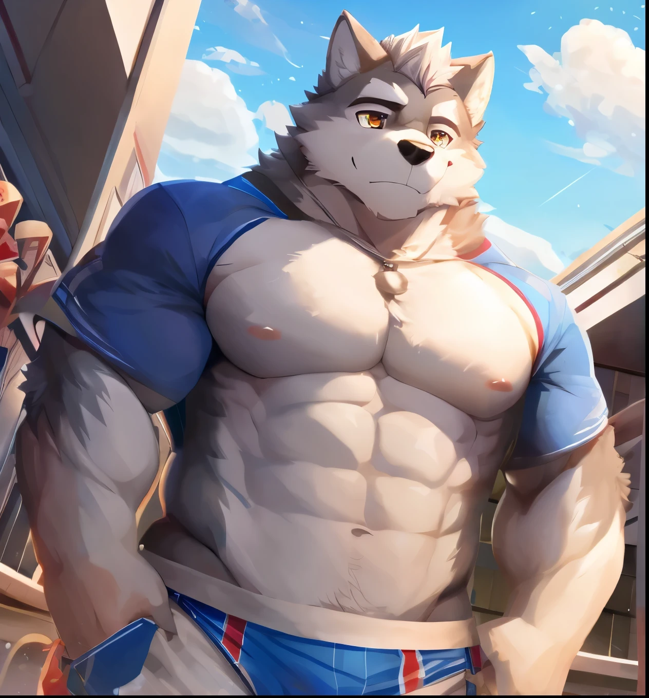 furry,Ultra-clear,16k,full body portrait,Full body close-up,Facial clarity,Bright Eyes,delicate eyes,Worm's eye view,solo focus,Main body gray,Canidae,Big dog,Wolf,male,juvenile,student,high school student,sports student,young,Tough Guy,Silver-gray hair,golden eyes,Eyes as bright as the sun,tall and strong,Muscles all over the body,Large pectoral muscles,8 pack abs,Powerful biceps,thick tail,thick arms,generous palm,Wide and thick wolf claws, wide and thick animal feet, wide and thick wolf feet, sharp animal claws, sharp wolf claws,Perfect body proportions,Handsome,cute,Cool,youth,Aloof,Looks sunny,Strong build,Young face,Powerful and domineering,Be honest and honest,Humble,sexy,Aggression,hormones,Middle two diseases,-graderrome,half naked,no clothes,No shirt,shirtless,briefs,barefoot,no shoes,cold,indifferent,Poker face,stand,upright,hands in pockets,looking at the audience,erectile,tempting