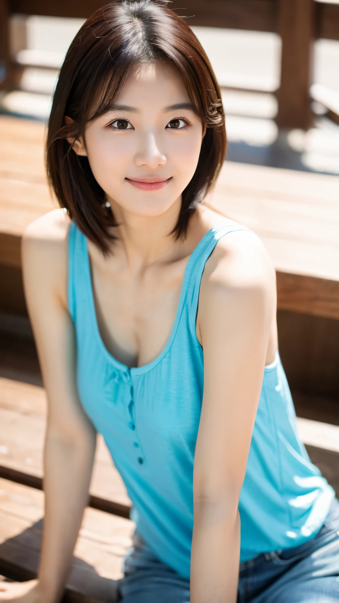 close-up of beautiful korean female, 34 inch breasts size, wearing tank top, slightly smile, sitting on the wooden bench, bokeh background , HD