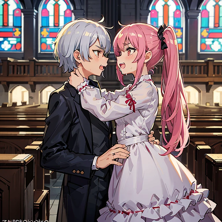 Girl with pink hair, long double-tailed hairstyle (small pink bushy eyebrows), dressed in gothic ta clothes, loli(Zankuro) drawing style by zankuro artist, Zancro style, image uploaded to R34, (in a church full of people), flirtatious smile, suddenly having sex in public, ((squinted eyes, red cheeks and drooling)) hands on belly, begging for sex, wearing a wedding dress