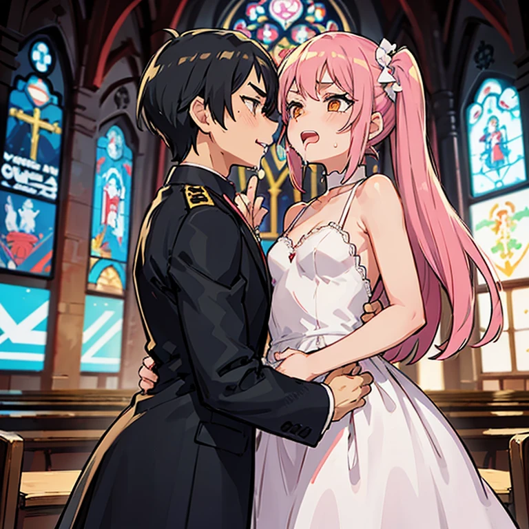 Girl with pink hair, long twin-tail hairstyle, (small bushy pink eyebrows), dressed in gothic lolita clothing, lolicon (Zankuro) drawing style by zankuro artist, Zancro style, image uploaded to R34, (in a church full of people), flirtatious smile, suddenly having sex in public, ((squinted eyes, red cheeks and drooling)) hands on belly, screaming for help, wearing a wedding dress