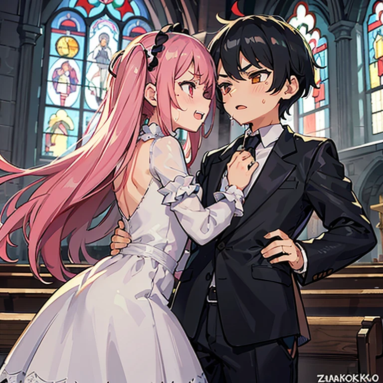 Girl with pink hair, long twin-tail hairstyle, (small bushy pink eyebrows), dressed in gothic lolita clothing, lolicon (Zankuro) drawing style by zankuro artist, Zancro style, image uploaded to R34, (in a church full of people), flirtatious smile, suddenly having sex in public, ((squinted eyes, red cheeks and drooling)) hands on belly, screaming for help, wearing a wedding dress