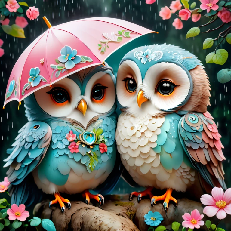 （Colorful mother owl and baby owls painted with flowers），（A large umbrella），（Mother owl holding an umbrella，hold her in arms：1.37），A caring expression， background with：（A heavy rain in the forest：1.3），（It rains heavily），
 Lovely and detailed digital art, Cute digital painting, Lovely digital art, Bipper and Jeremiah Ketner, cute owl, Lovely detailed artwork,Lovely 3D rendering, The numbers are very detailed, cute colorful cute, Highly detailed digital artwork, Rich in details，Colorful, Digital art is very detailed, lovely artwork