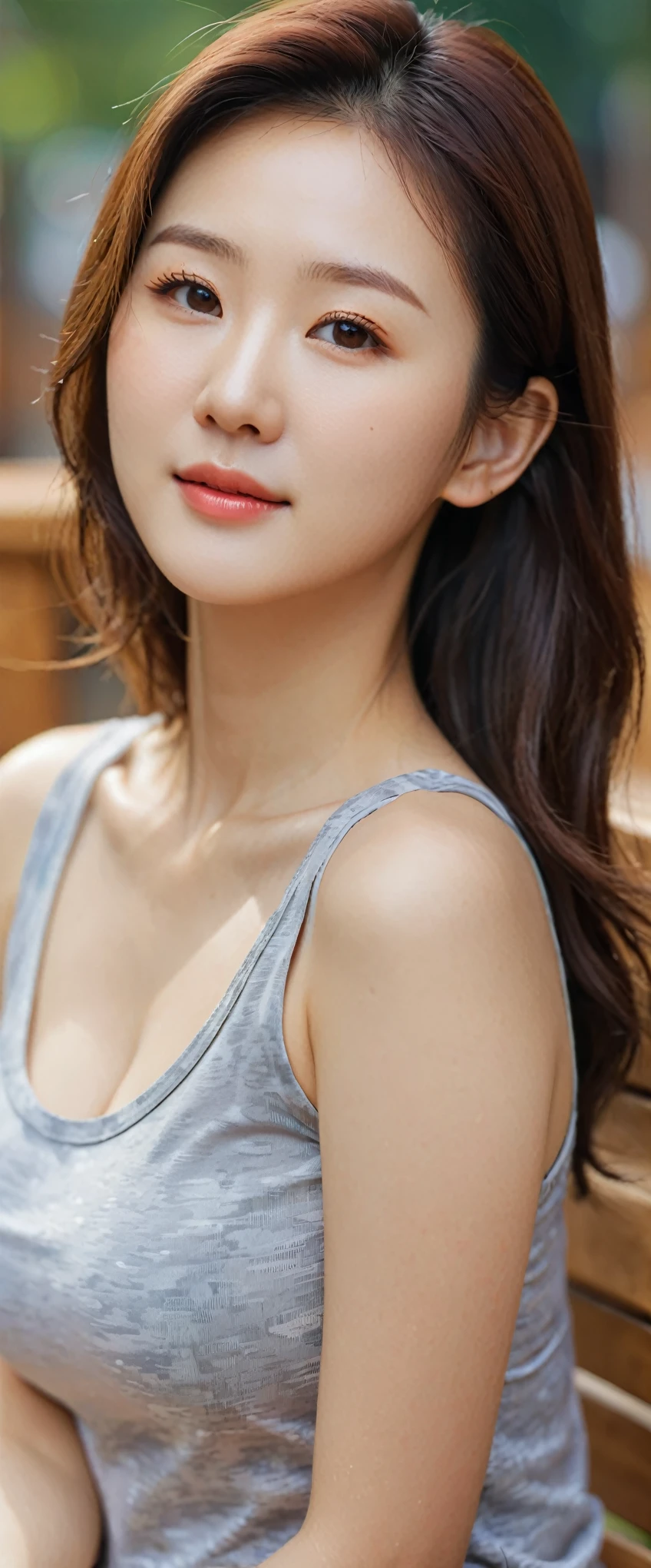 close-up of beautiful korean female, 34 inch breasts size, wearing tank top, slightly smile, sitting on the wooden bench, bokeh background , UHD