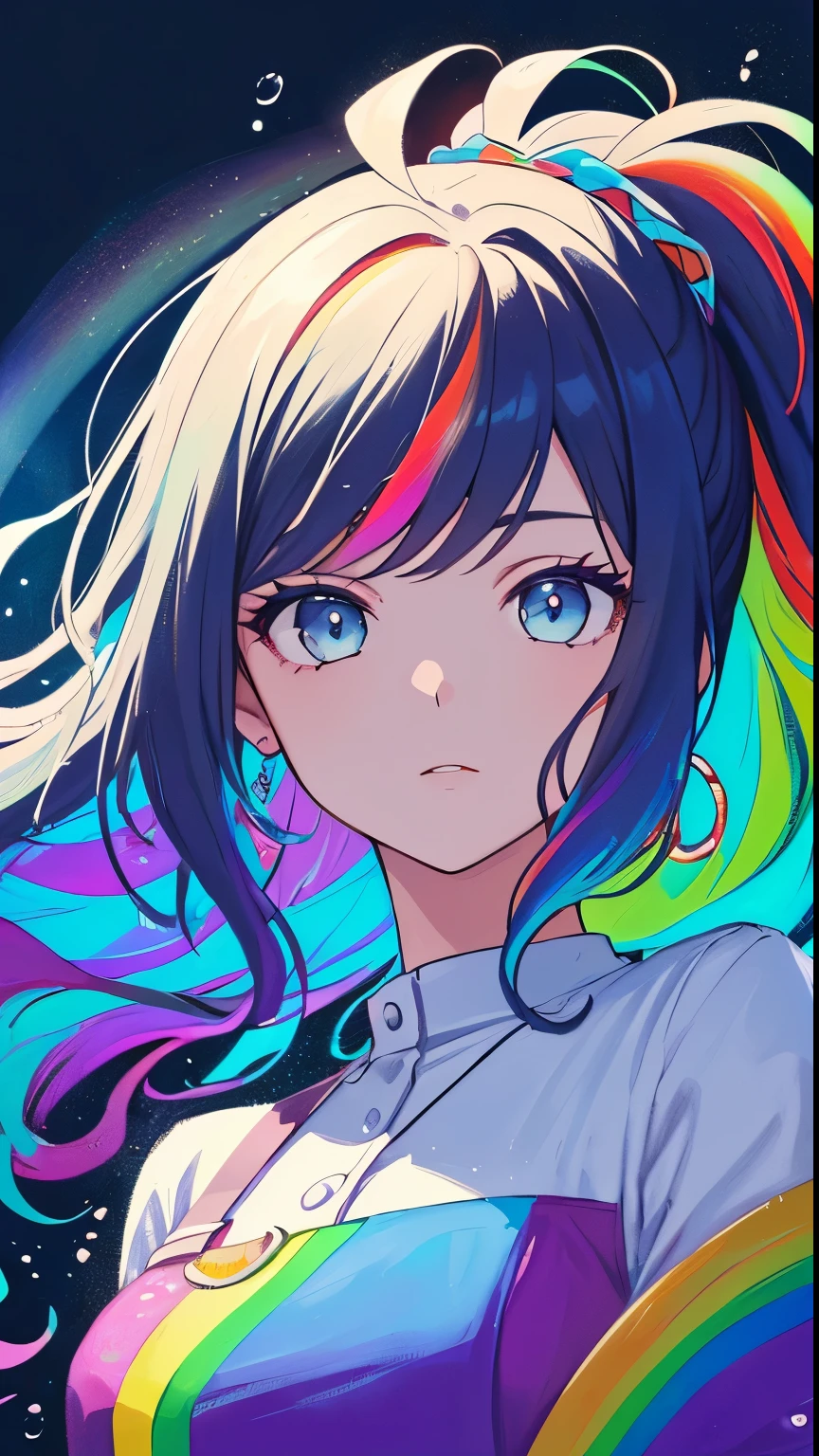 profile, (1 girl is rainbow long hair, hair fluttering in the strong wind:1.3), sharp triangle face, closed eyes, thinking expression, pale white dress, left position, colorful galaxy background intricate detailed, mixed media, concept art of rainbow, beauty beautiful, hair lighting, sleek stylish, ultra quality, insane details, high resolution, fantasy mysterious atmosphere,
