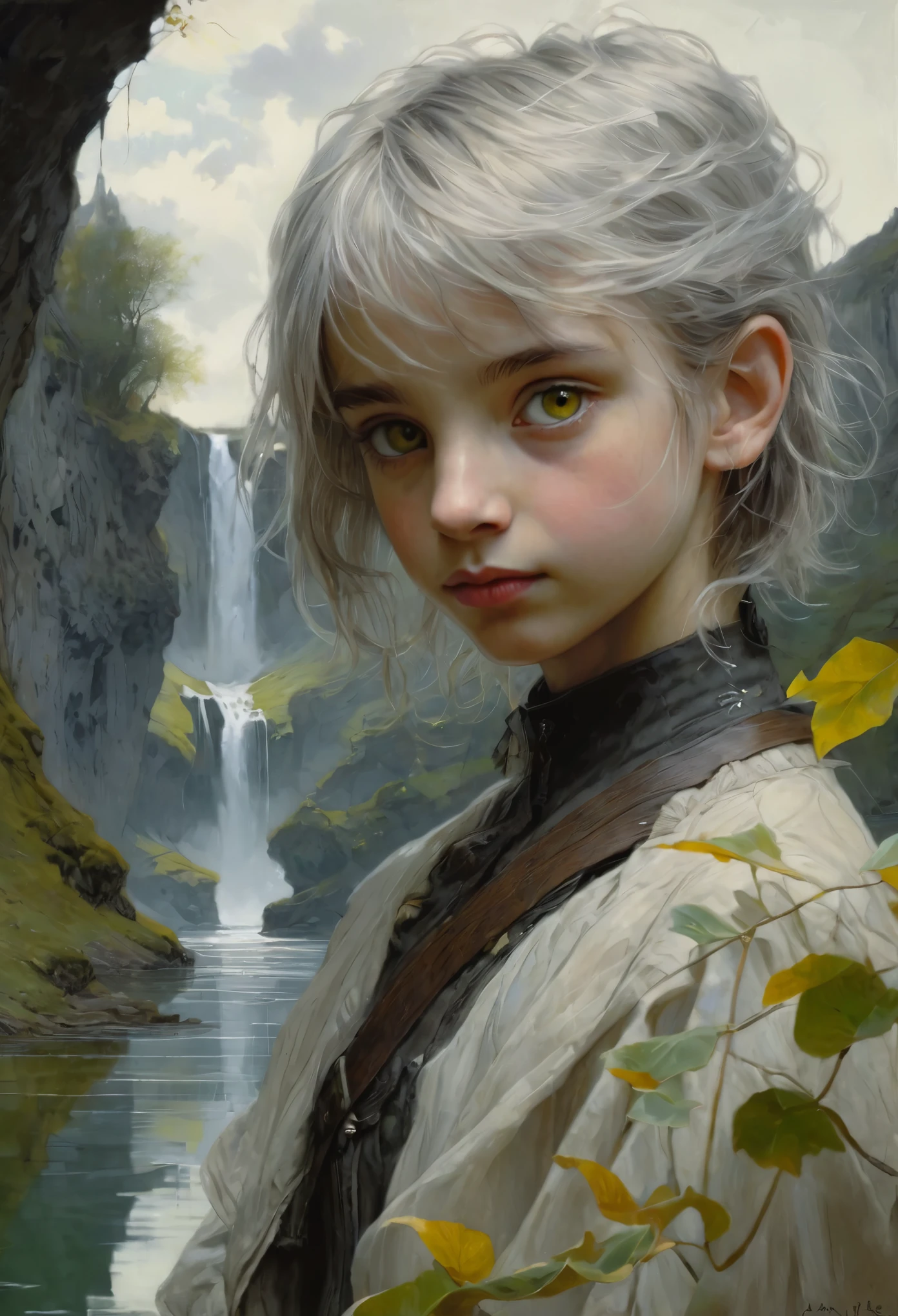 Realism, dark fantasy style, John Tolkien style, Small painting by Jean-Baptiste Monge, A high resolution, portrait, boy and girl with dark hair, Yellow eyes, 8 years, light gray hair, short haircut, green eyes, portrait, huge cave hall with a lake, boy and girl looking at the reflection in the lake, Waterfall in the background, realism, fantasy Soft facial features, , human hand, Very clear, Without flaws, with five fingers, with bright makeup, modern style, Jean-Baptiste Monge, anthropomorphic -ar 2:3 -testp -optimistic;
Information