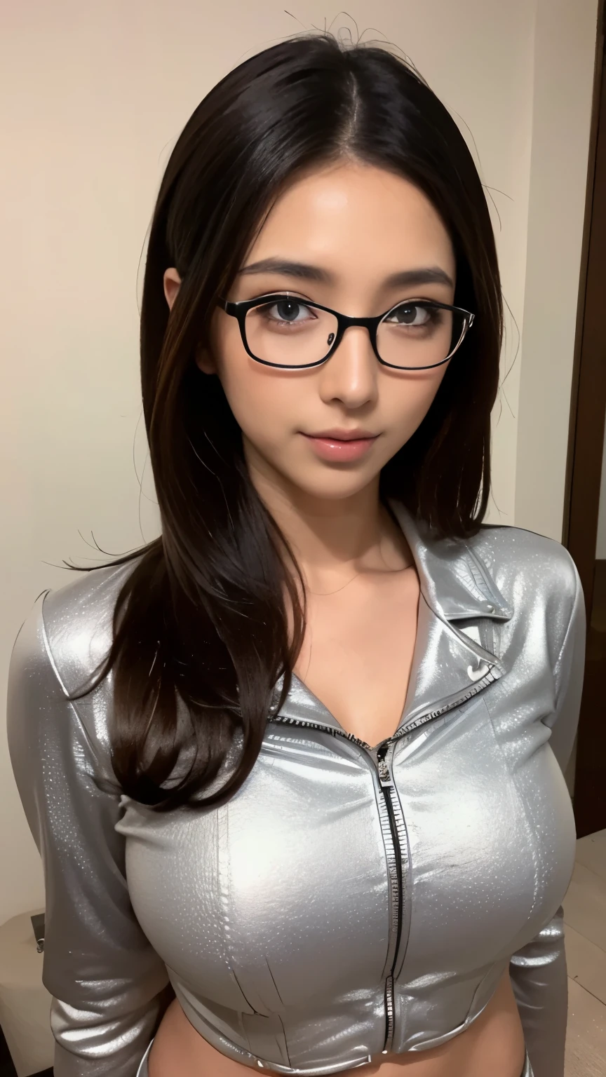 masterpiece、1 beautiful girl、 (reality: 1.4), Japanese、asian beauty、super beautiful、beautiful skin、thin、(Upper body)、(超reality的な)、(High resolution)、(8K)、(very detailed)、(detailed and beautiful eyes)、(Super detailed)、Big eyes、brown eyes、long eyelashes、detailed face、gloss lip,bright lighting、professional lighting、look at the camera、(masterpiece:1.2), super detailed, 超High resolution, (reality的な, photo reality的な:1.37), High-definition RAW color photos, professional photos, very delicate and beautiful, very detailed, finely, huge file size, very detailed beautiful girl, very detailed face, very detailed eyes, very detailed skin, very detailed nose, very detailed mouth, perfect anatomy, very detailed背景, (highest quality,4k,8K,High resolution,masterpiece:1.2),Super detailed,(reality的な,photoreality的な,photo-reality的な:1.37),full body portrait,1 girl, perfect hourglass illustration, Exquisite Function, mysterious eyes, White leather jacket, Black leather wear,red glasses， shy, Black hair straight, looking at the audience, big breasts, written boundary depth, High-definition images、thin waist