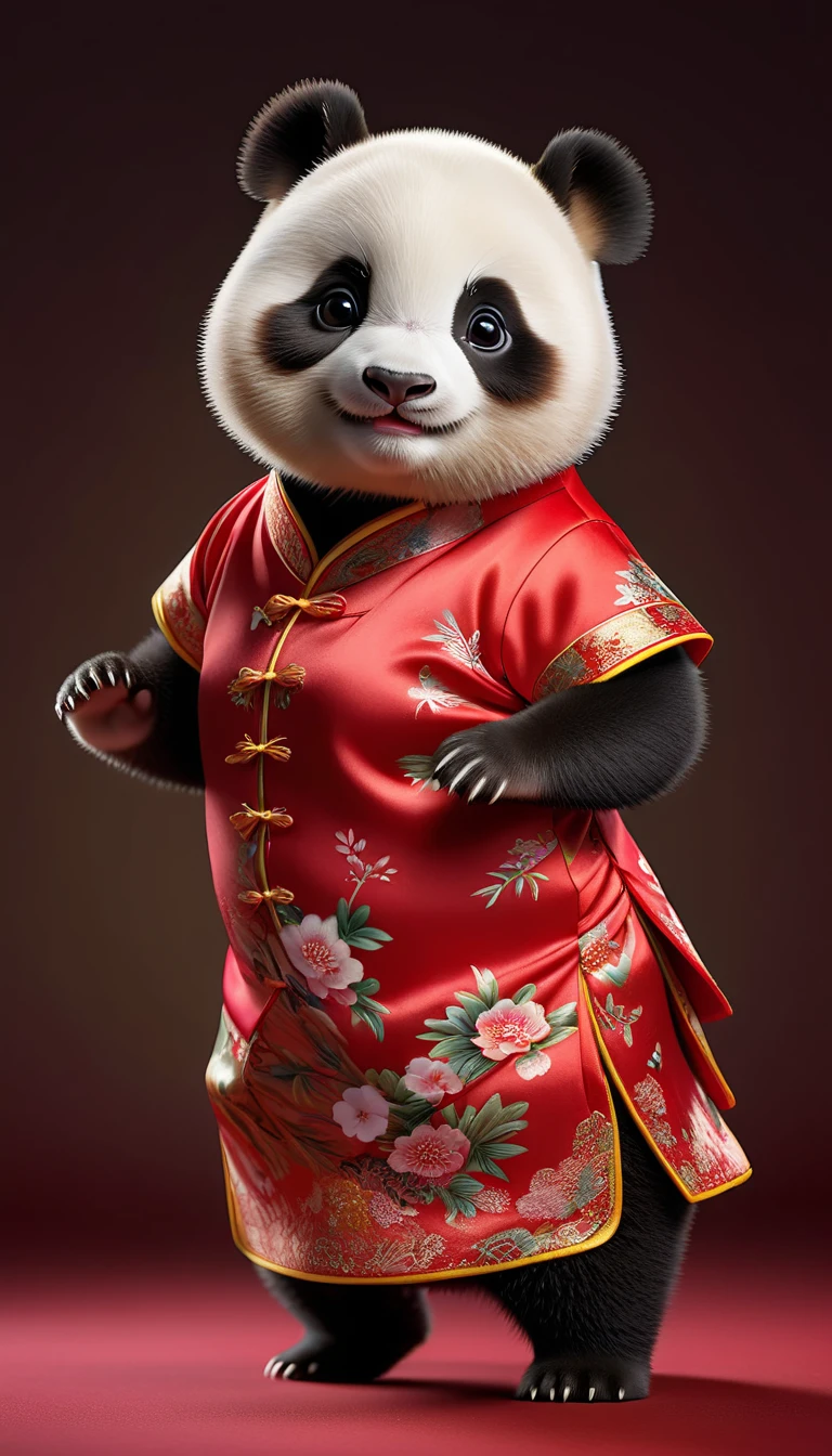 Photorealistic portrait of animals wearing clothes - a chubby baby panda dancer,( Dance poses), high quality,(charming) ,intricate details, Very detailed ((Chinese cheongsam clothing)) ,Very detailed dress,, (happy), studio lighting,(full body image:1.5)