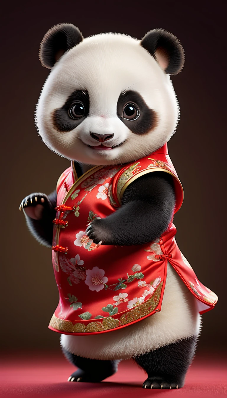 Photorealistic portrait of animals wearing clothes - a chubby panda dancer,( Dance poses), high quality,(charming) ,intricate details, Very detailed ((Chinese cheongsam clothing)) ,Very detailed dress,, (happy), studio lighting,(full body image:1.5)