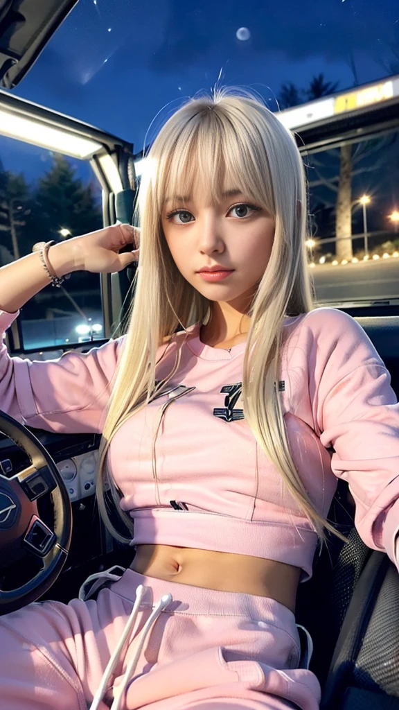 D cup bust、Sexy cute looks and cute 15 year old beautiful girl, Beautiful and sexy face、A strong wind blows my hair in front of my face、Beautiful blonde with cute long straight hair, Sexy eyes hidden behind long bangs,black skin,Slightly droopy eyes, (Pink sweatpants and white camisole:1.4), (Throw:1.4),smile,(Lie down and relax in the driver's seat of a truck:1.6),Looking at a smartphone,(night:1.8)