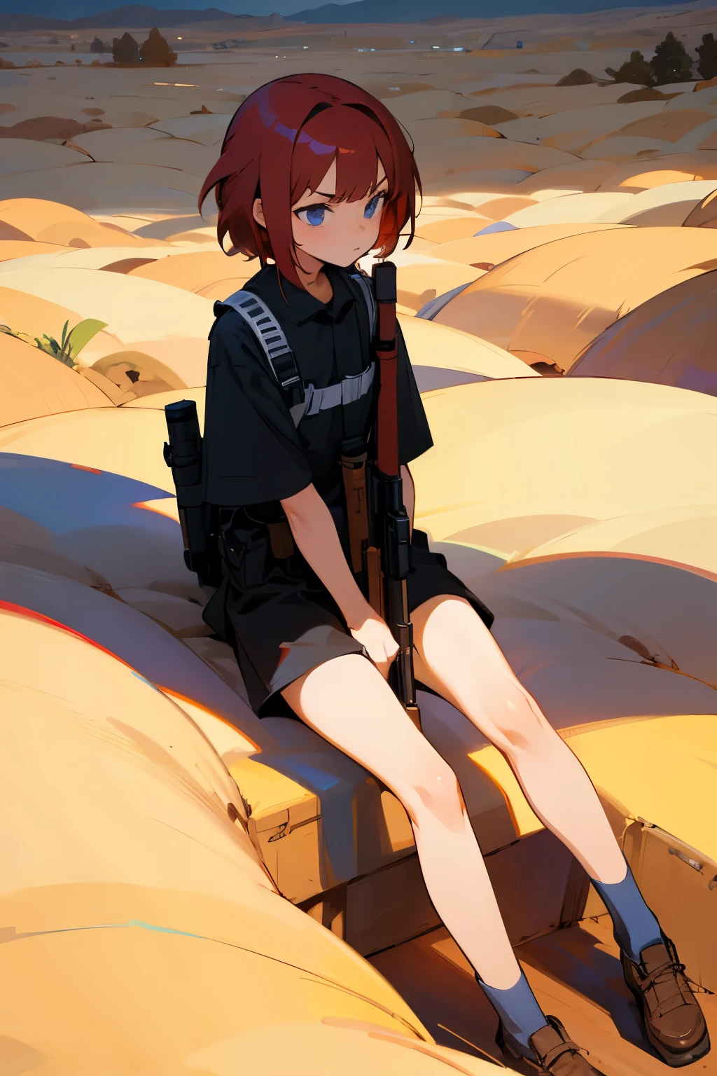 anime, -yead sni girl with a rifle attached to her back, short red hair, wearing black casual clothes, serious and disinterested look, sitting in a rocky desert, late afternoon