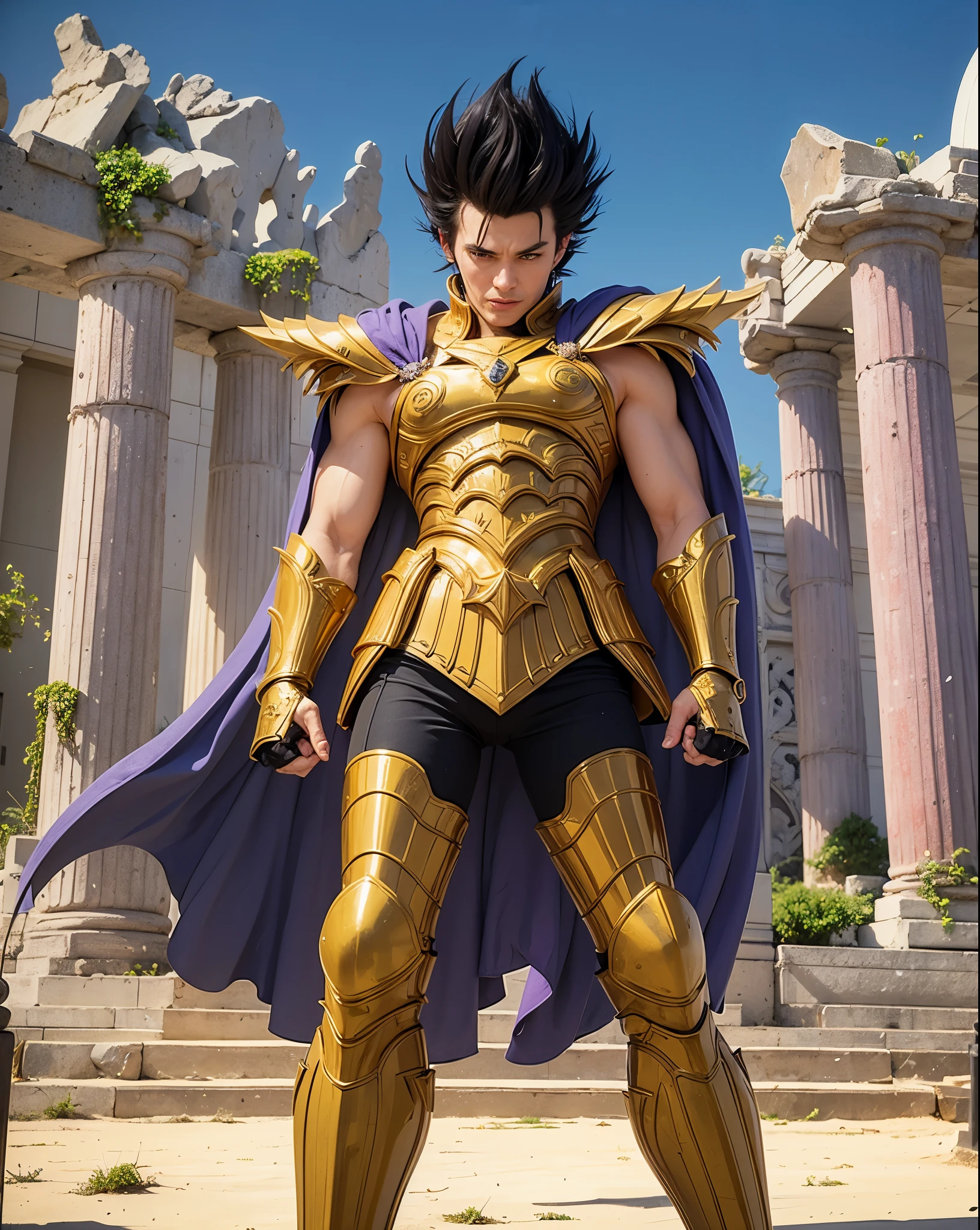 a man with black spiky hair wearing golden armor with a purple cape 