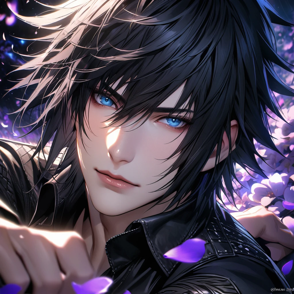 Ultra detailed, Highres, absurdres, HDR, Noctis Lucis Caelum, blue eyes, black hair, Final Fantasy XV, purple lightning, handsome, 1 man only, very detailed face and eyes, flowers and petals
