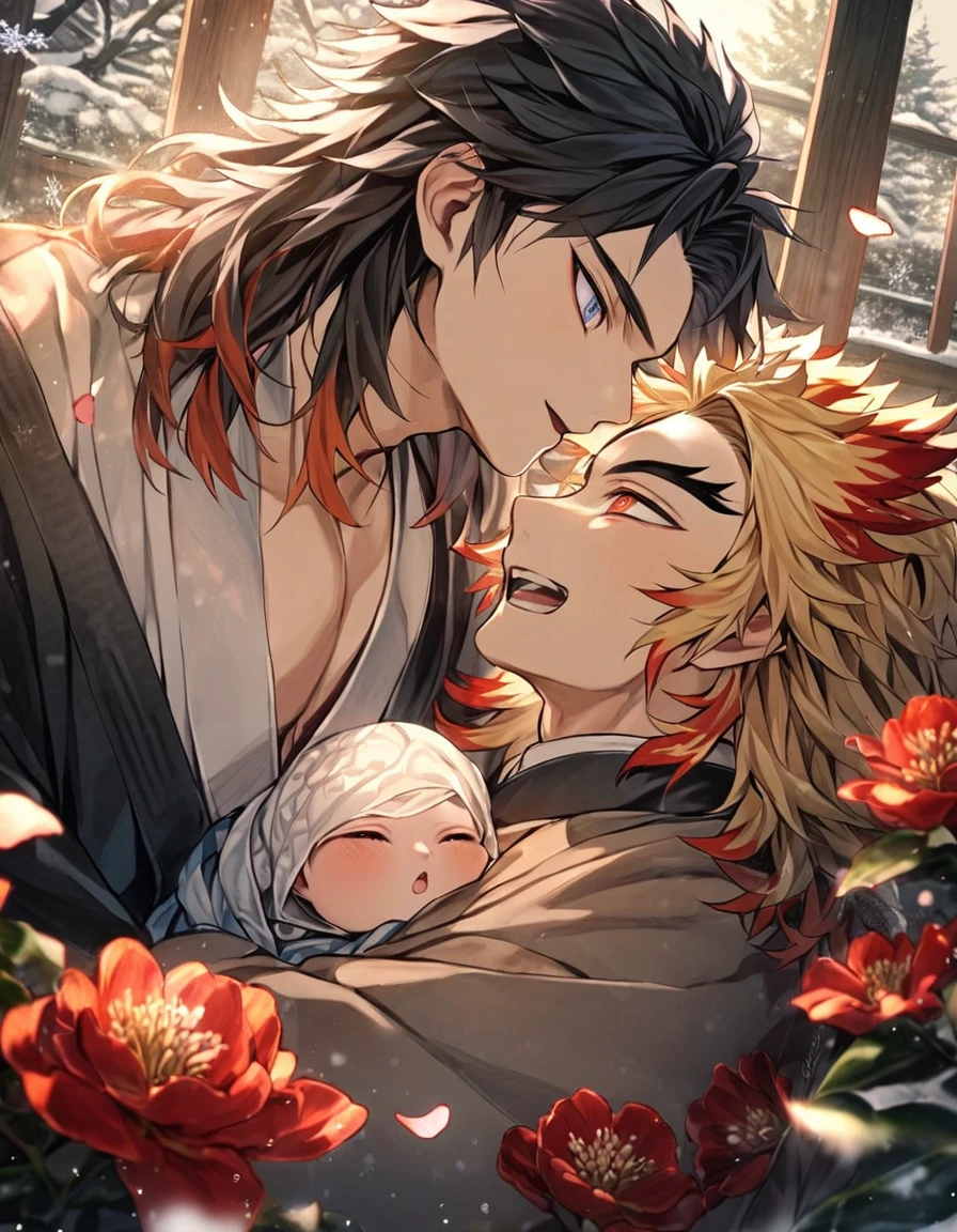 absurdres, highres, ultra detailed, HDR, master piece, best quality, Rengoku Kyojuro, blond medium hair with red streaks, expressive orange eyes, Kimetsu no yaiba, Tomioka Giyu, untamed black hair, expressive blue eyes, 2men together, holding a baby, gay couple, handsome, winter, garden, red flowers, petals, snowflakes