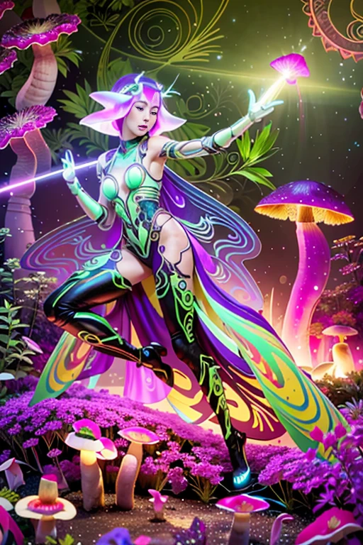(best quality,4k,8k,highres,masterpiece:1.2),ultra-detailed,(realistic,photorealistic,photo-realistic:1.37), HDR,UHD,studio lighting,ultra-fine painting,sharp focus,physically-based rendering,extreme detail,art nouveau,tarot card style,wide angle, Dynamic angle and composition,(action shot:1.5),dynamic pose, (raging facial expression),(GirlfriendMix2:1), ((A humanoid female alien is using a long sword to cut a shadow beast in half:1.5)),(wearing a intricate biological exoskeleton:1.5), red hair, (fractal designs), (wearing a fish-shaped glass helmet:1.37), (organic details adorned with beautiful gems:1.37),(wearing a translucent cloth cape in the shape of a leaf:1.4), Translucent petal-like cloth hangs from her waist, fantasy art, (sci-fi), concept art inspired by moebius, alien flora,(exotic alien flora background with bioluminescent fungi:1.6), dreamy lighting, vibrant colors,earthen and pale red hues,Yoshitaka Amano style, intricate details, landscape, otherworldly creatures, mesmerizing pattern, intricate helmet design, dreamlike atmosphere, (mythical creatures), (surrealistic composition), trending on cgsociety