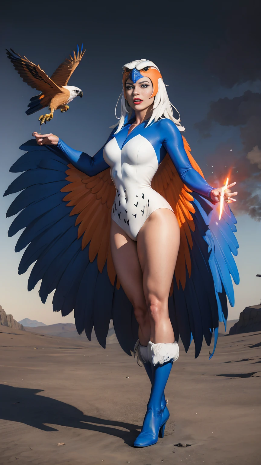 ((Full body photo, standing, feet on the ground)), hawk, front, pose, looking at viewer, solo, BREAK, CARTOON_Sorceress_heman_90s_ownwaifu, www.ownwaifu.com, breasts, long hair, medium breasts, white hair , lips, makeup, lipstick, blue eyes, monster girl, nose, red lips, animation, wings, feathered wings, feathers, white hair, angel wings, white wings, harpy, leotard, winged arms, bird, bird wings, helmet, multiple wings, BREAK, official art, extremely detailed CG unit 8k wallpaper, perfect lighting, colorful, Bright_Front_face_Lighting, glowing skin, (masterpiece: 1.0), (best_quality: 1.0), ultra high resolution, 4K, ultra -detailed, photography, 8K, HDR, high resolution, (absurd: 1.2), Kodak portra 400, film grain, blurred background, (vibrant color: 1.2), professional photography,
